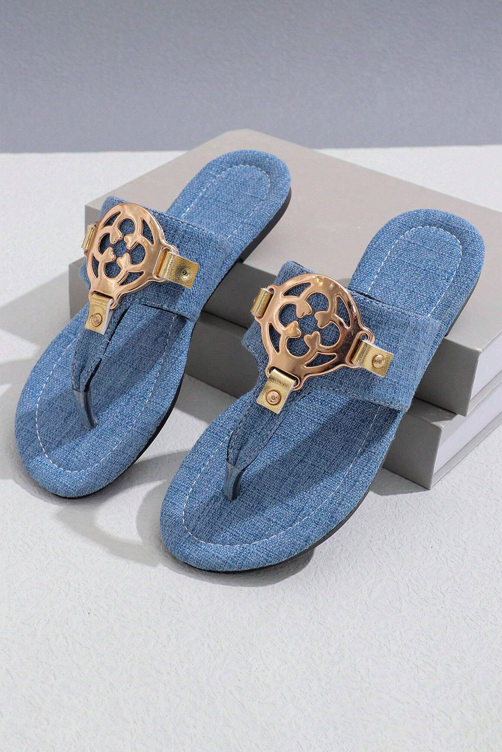 Dusk Blue Vintage Metal Decor Leather Thong Slides Shoes