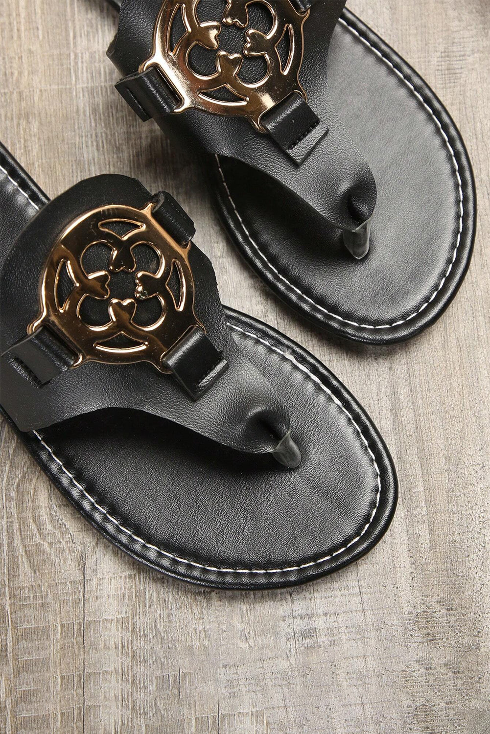 Dusk Blue Vintage Metal Decor Leather Thong Slides Shoes