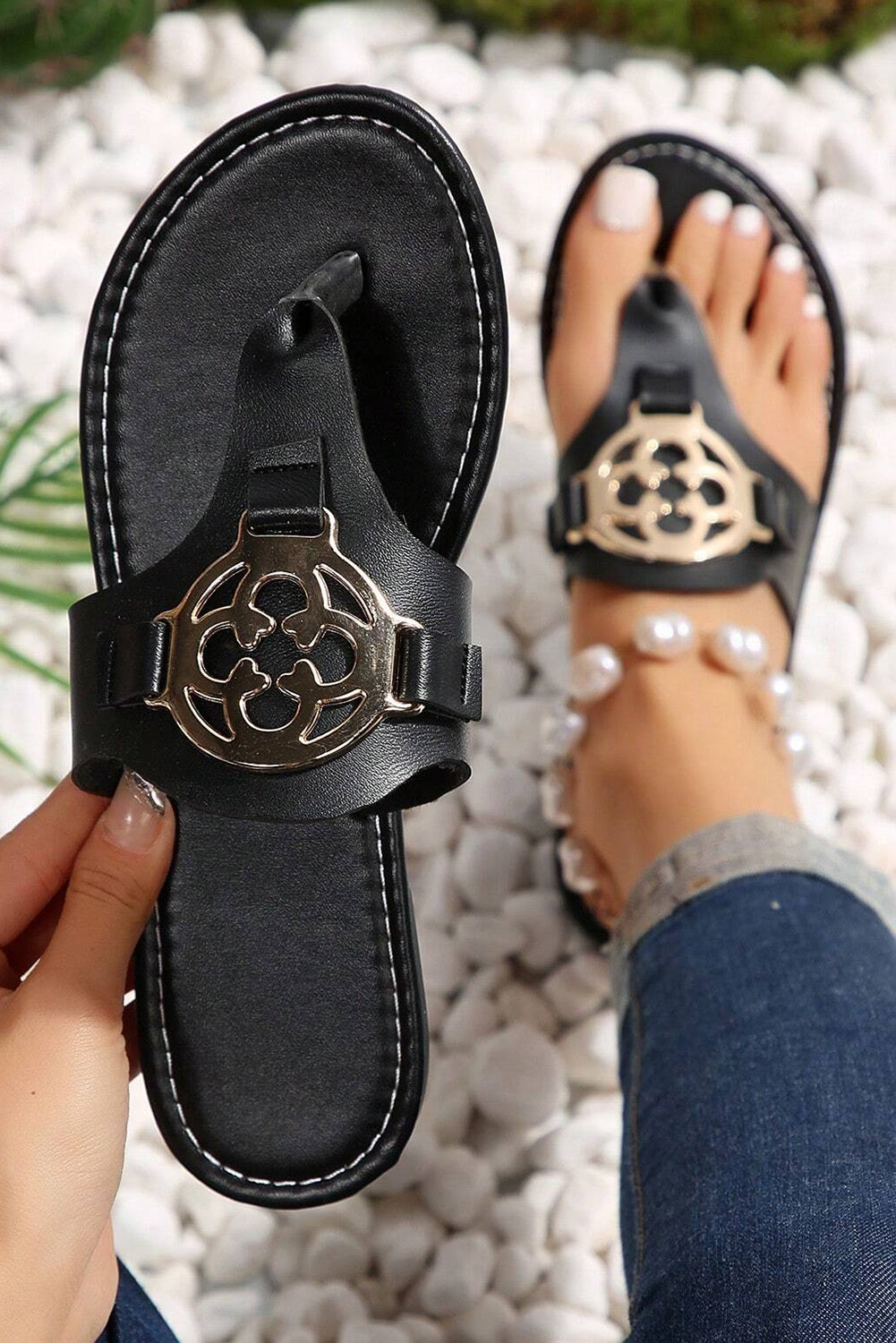 Dusk Blue Vintage Metal Decor Leather Thong Slides Shoes