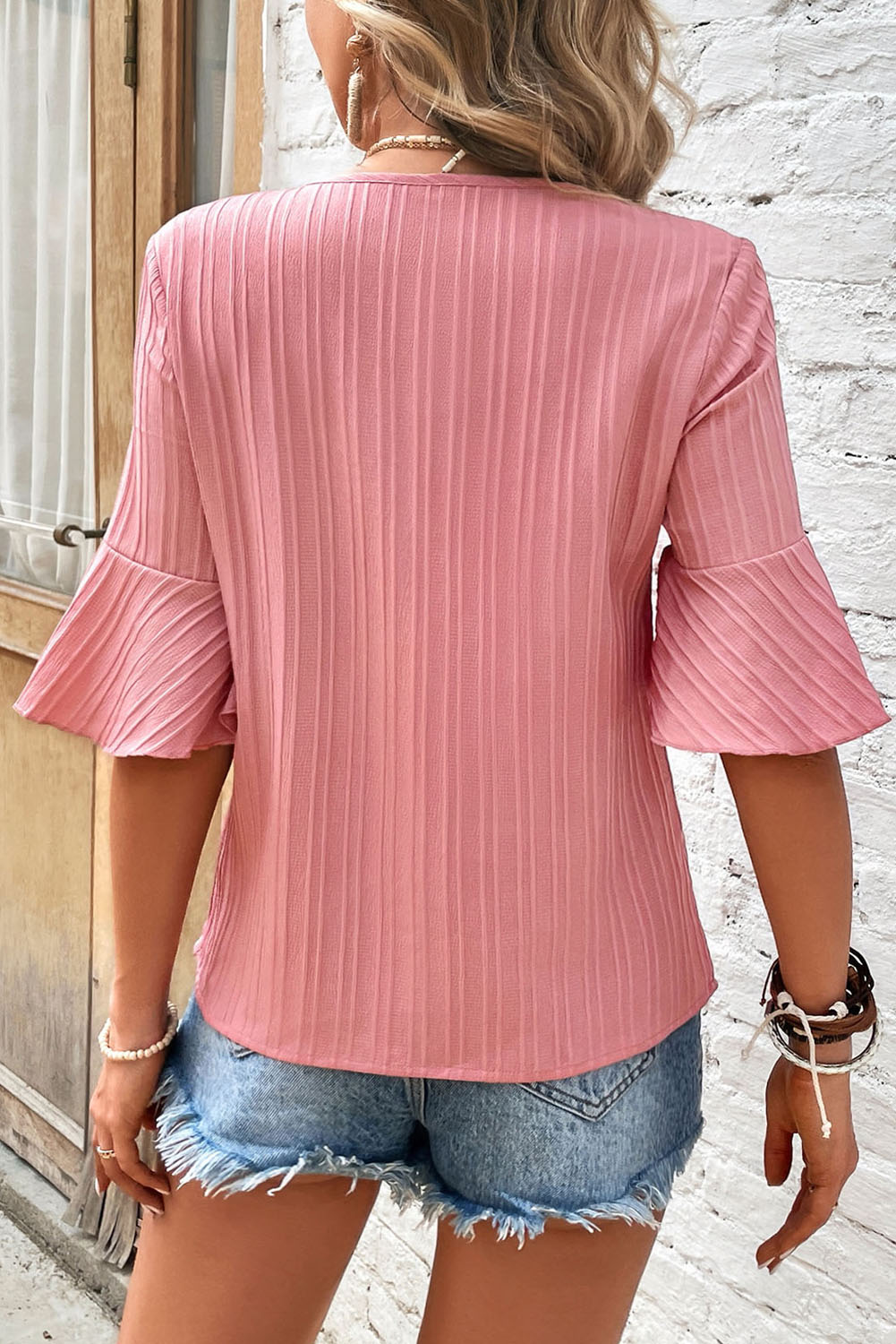 Peach Blossom Ruffled Half Sleeve V Neck Textured PPlus Top