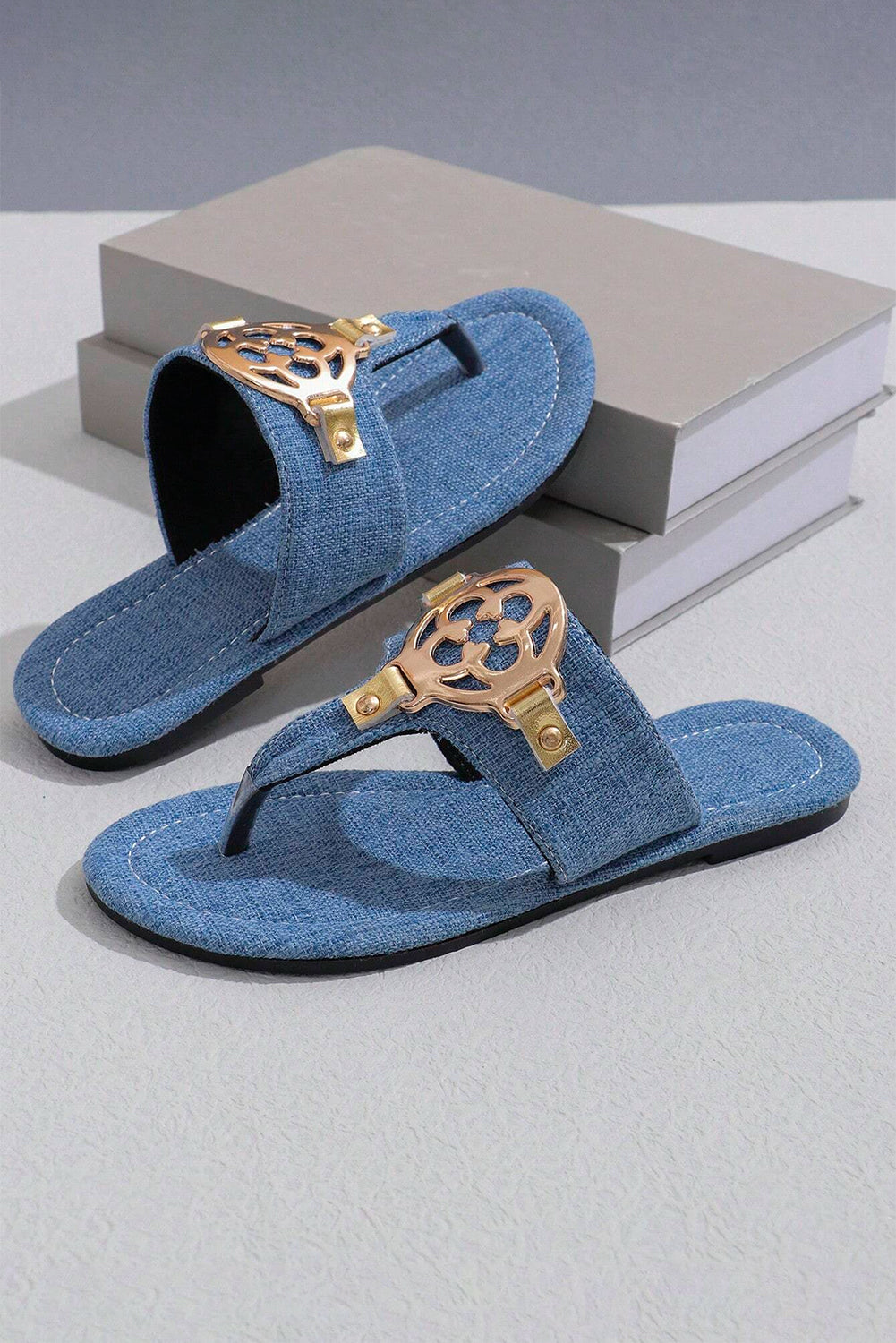 Dusk Blue Vintage Metal Decor Leather Thong Slides Shoes