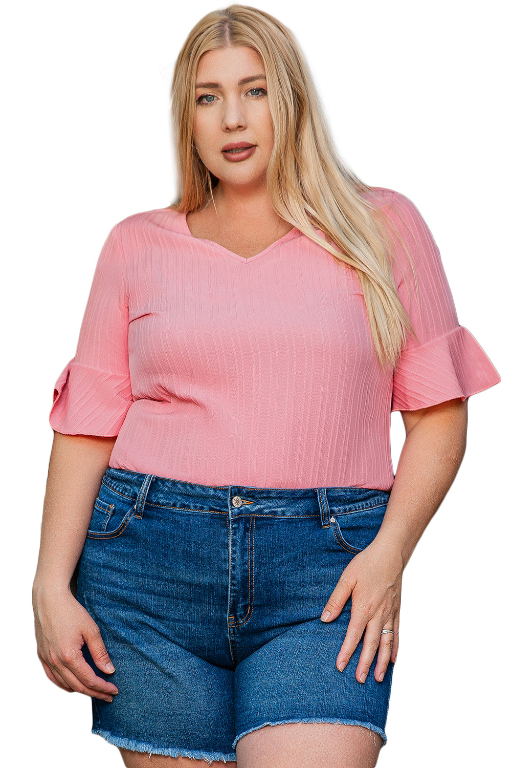 Peach Blossom Ruffled Half Sleeve V Neck Textured PPlus Top
