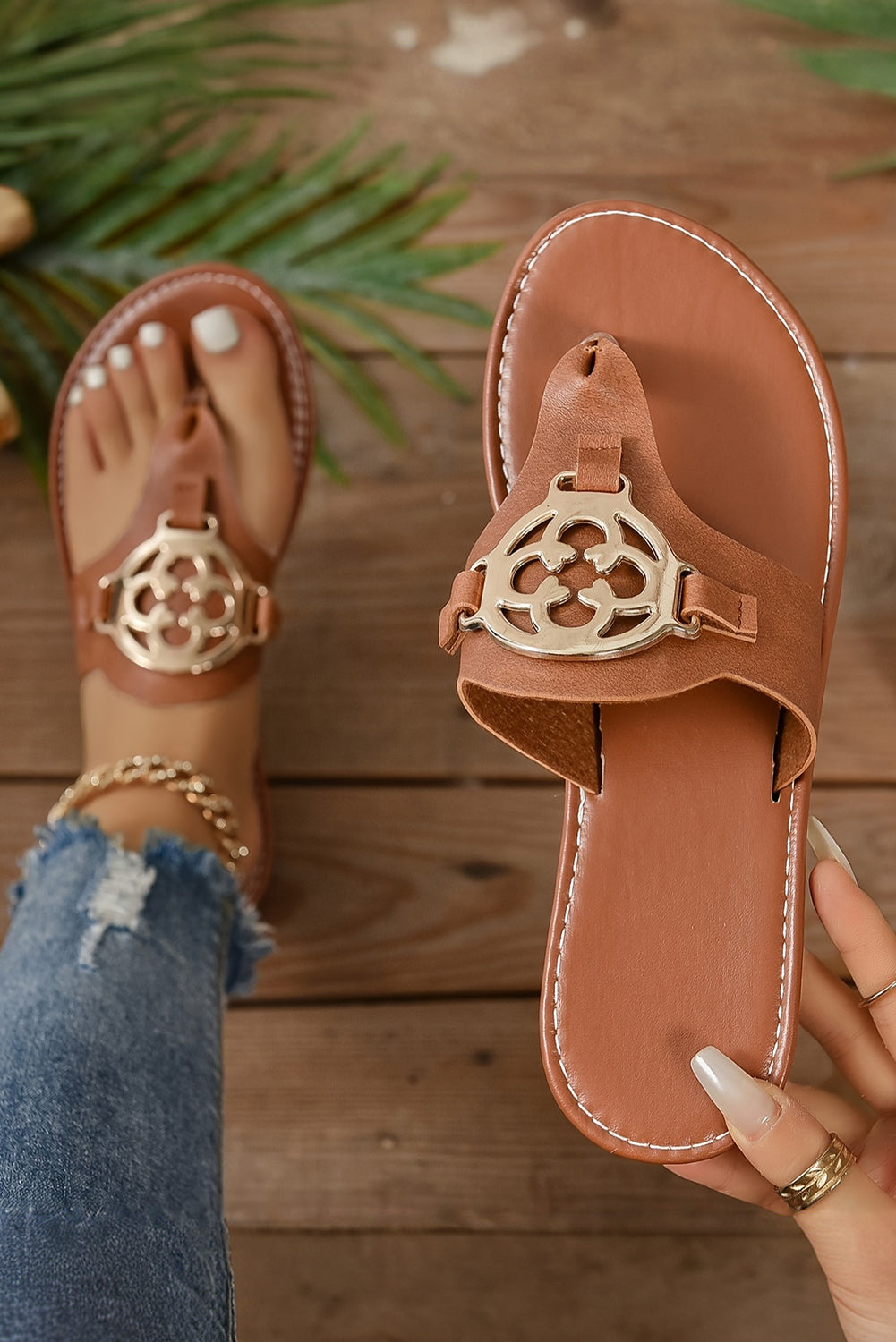 Dusk Blue Vintage Metal Decor Leather Thong Slides Shoes