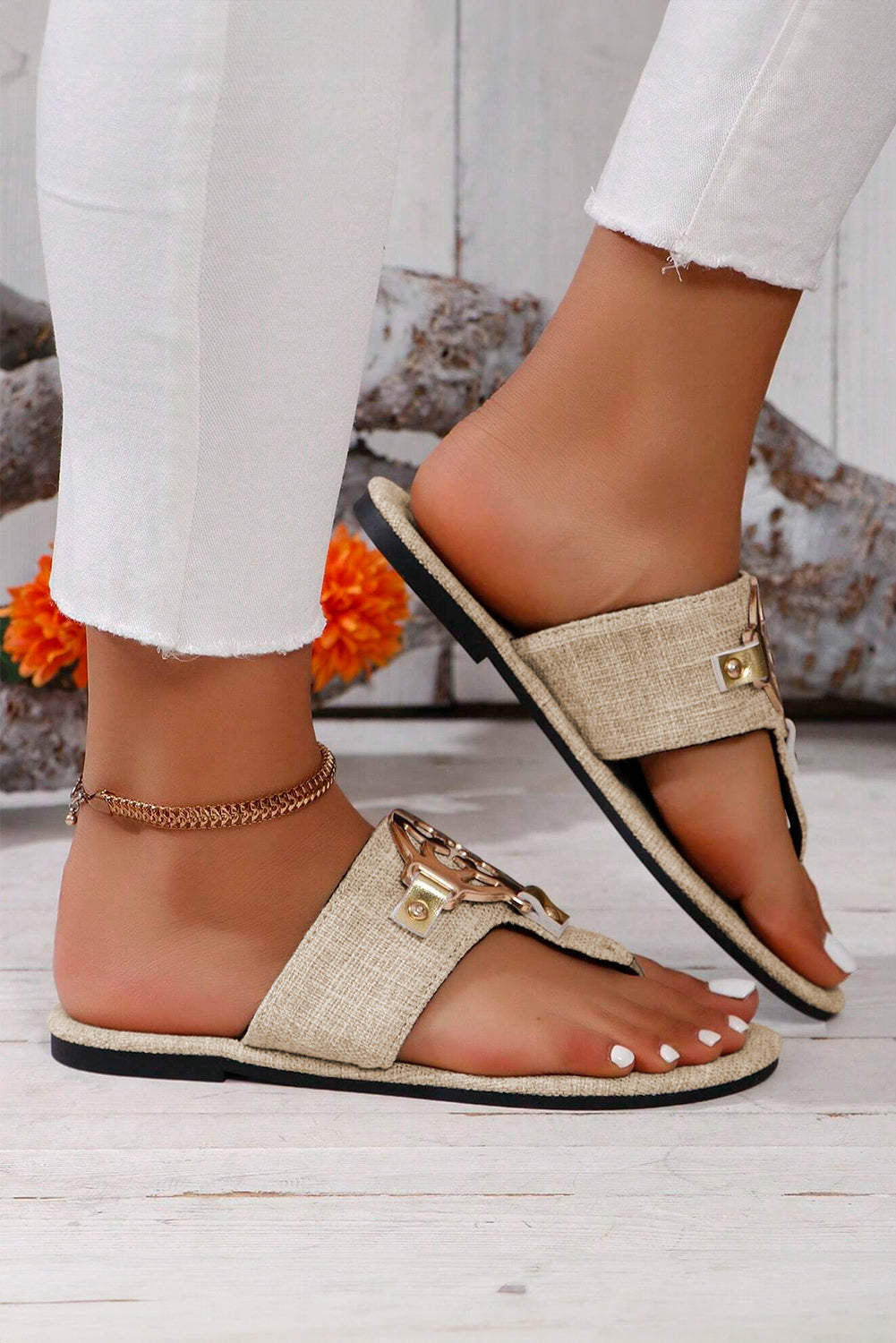 Dusk Blue Vintage Metal Decor Leather Thong Slides Shoes