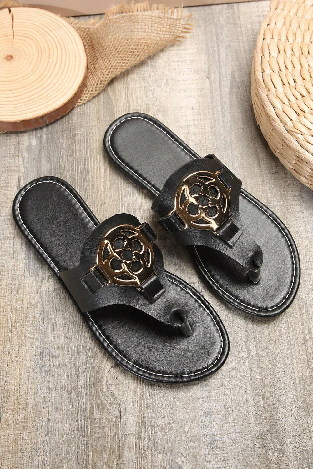 Dusk Blue Vintage Metal Decor Leather Thong Slides Shoes