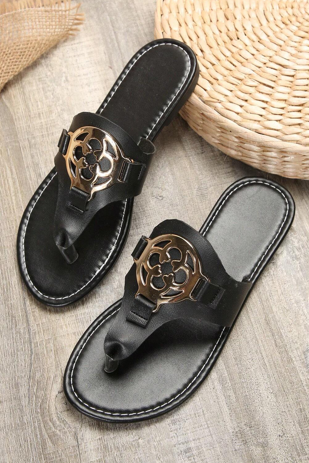 Dusk Blue Vintage Metal Decor Leather Thong Slides Shoes