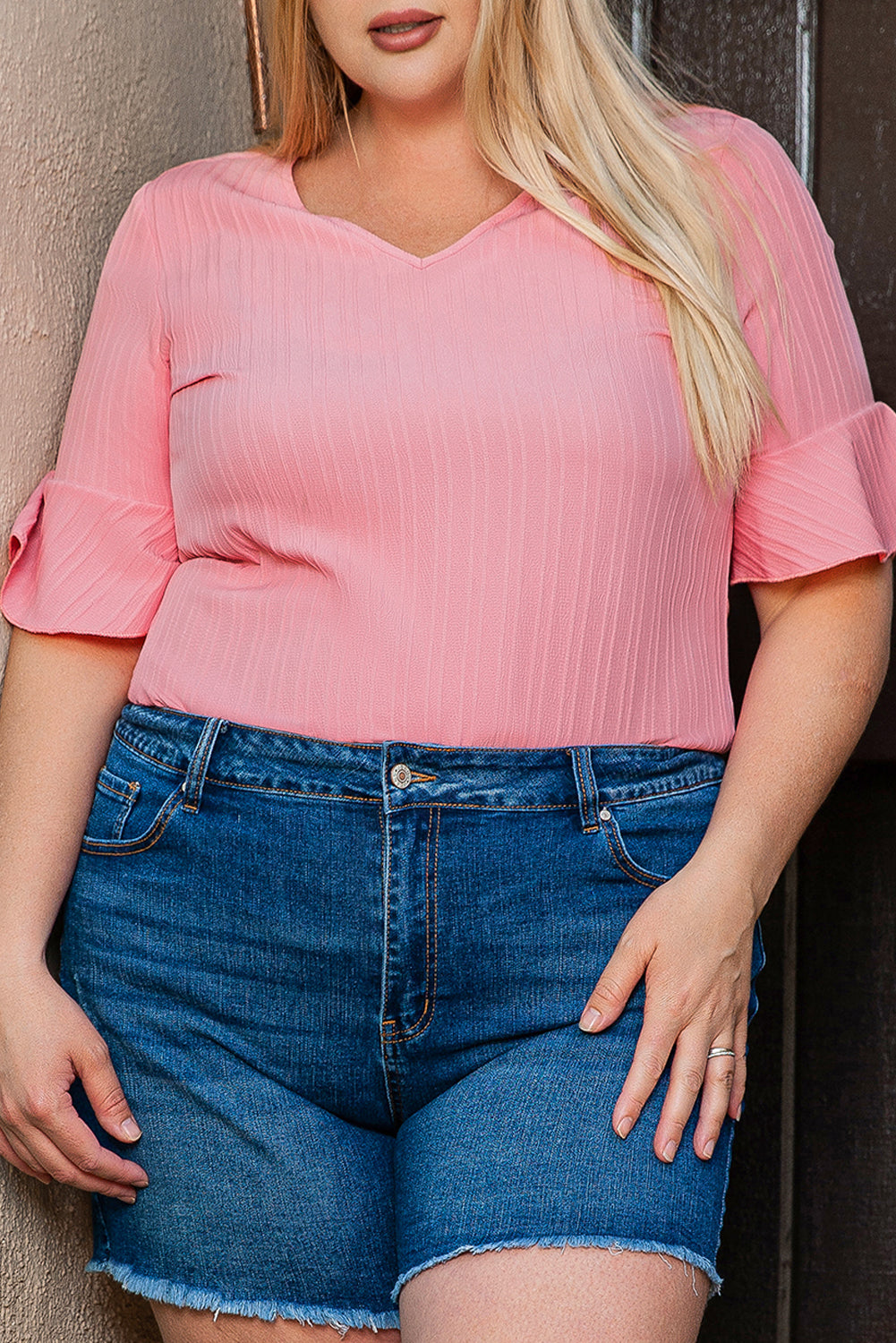 Peach Blossom Ruffled Half Sleeve V Neck Textured PPlus Top