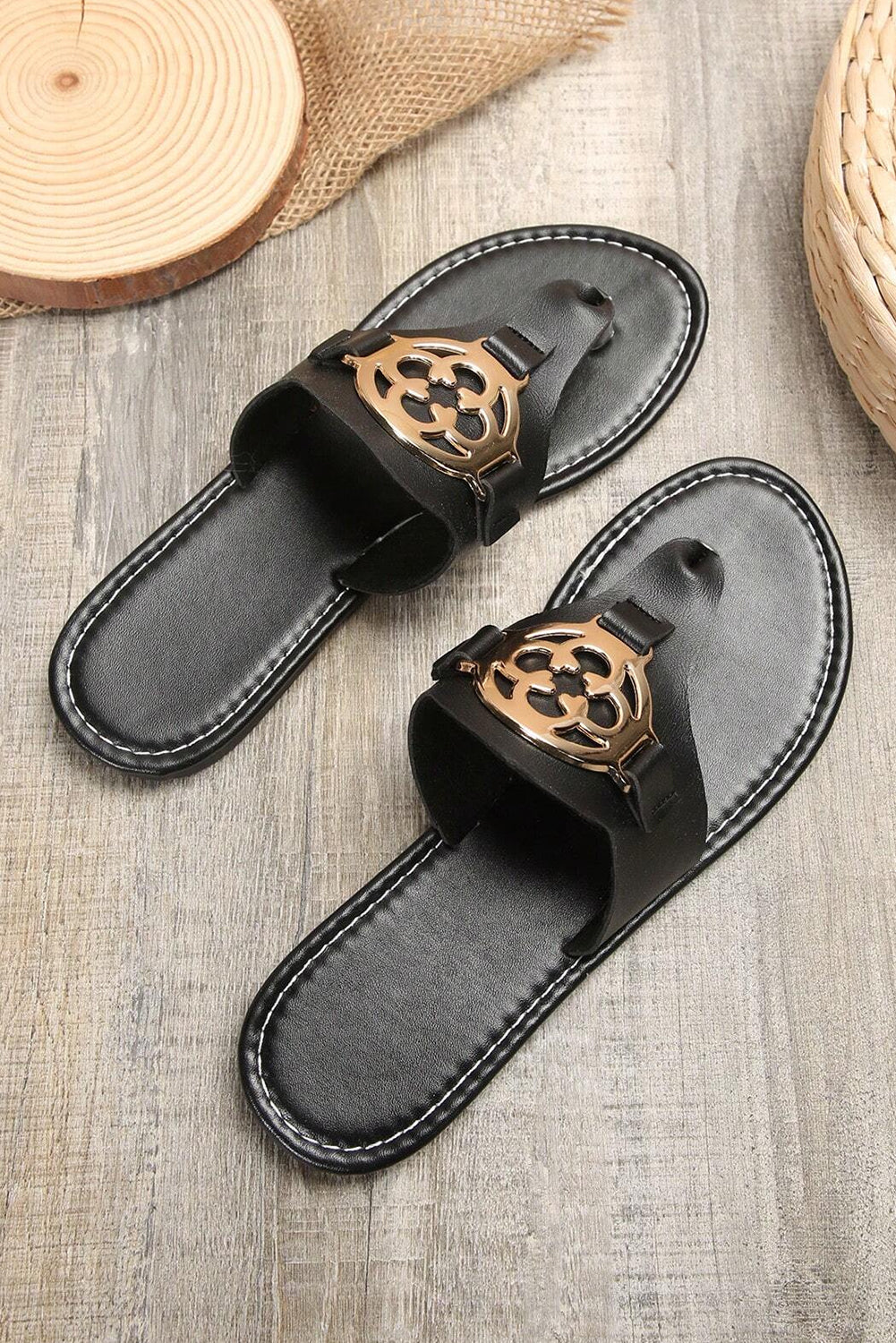 Dusk Blue Vintage Metal Decor Leather Thong Slides Shoes