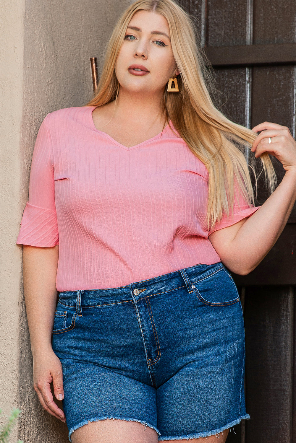 Peach Blossom Ruffled Half Sleeve V Neck Textured PPlus Top