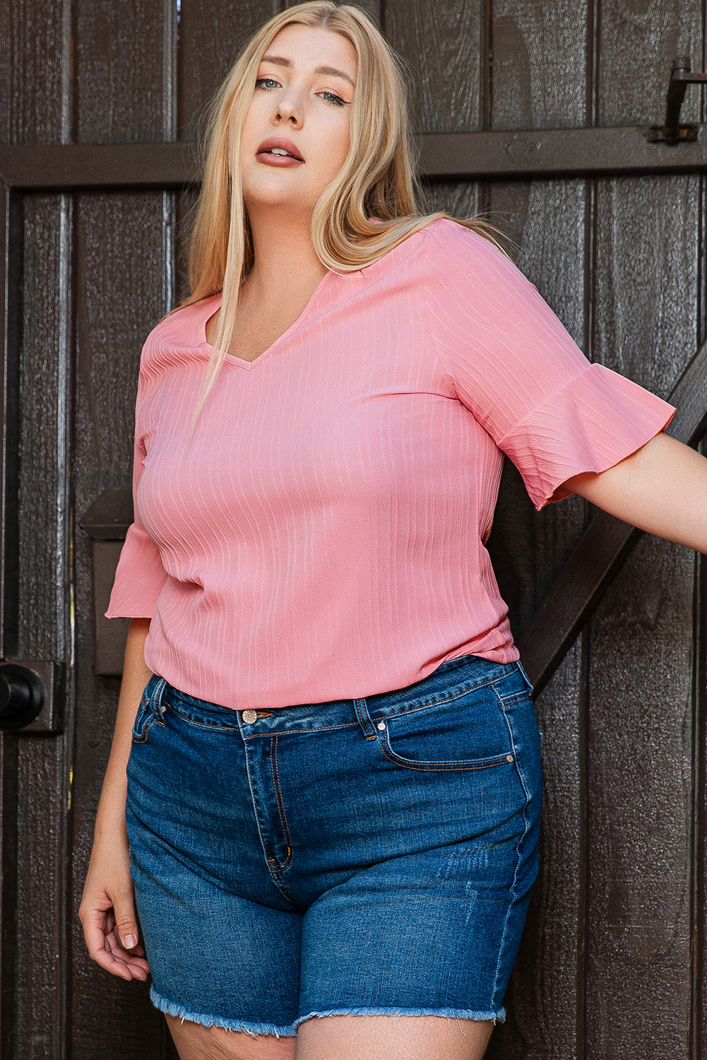 Peach Blossom Ruffled Half Sleeve V Neck Textured PPlus Top