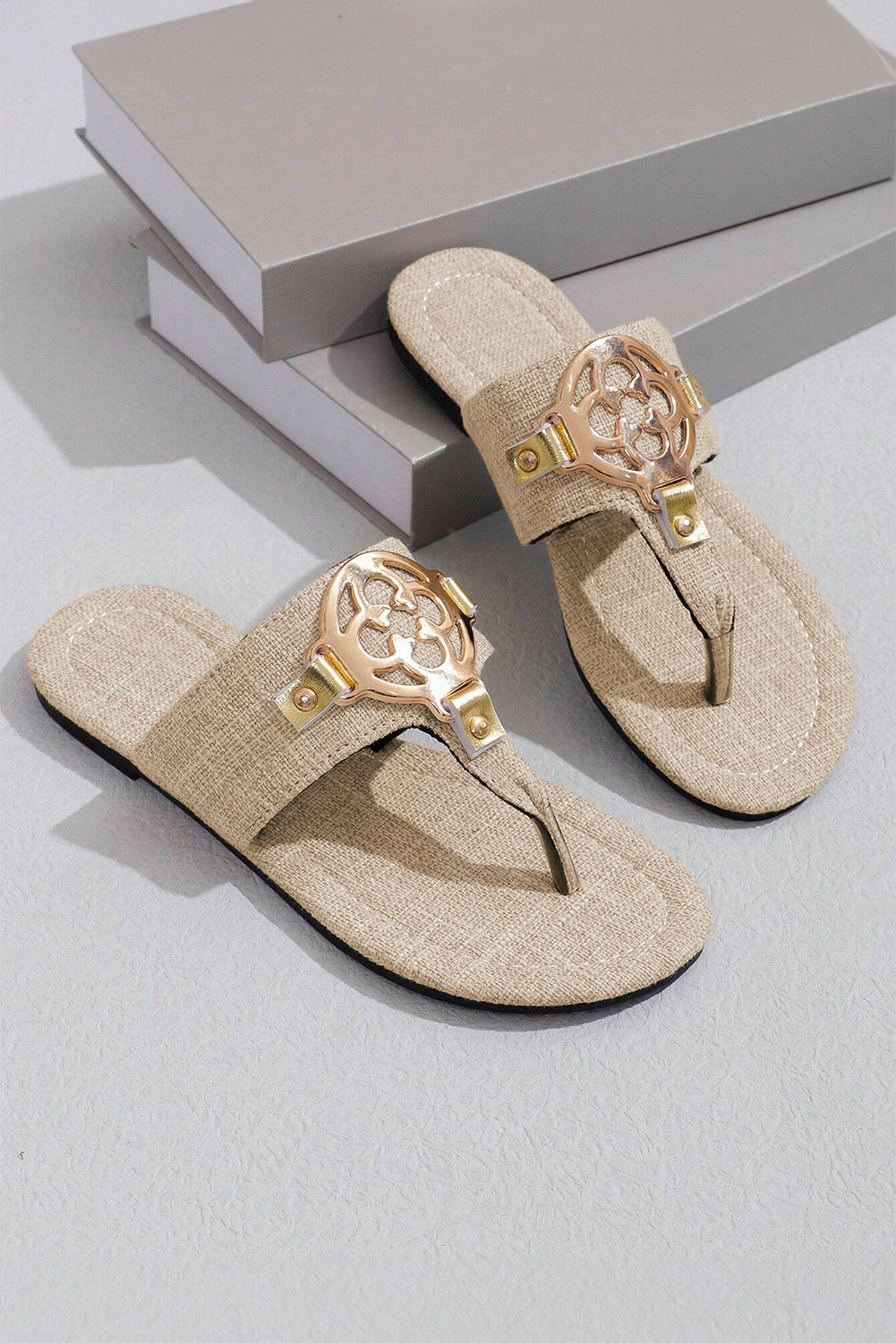 Dusk Blue Vintage Metal Decor Leather Thong Slides Shoes