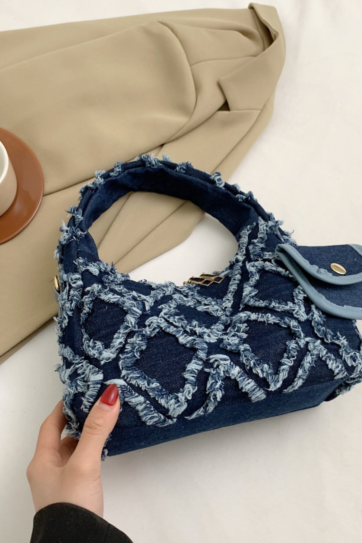 Raw Edge Denim Handbag with Pouch