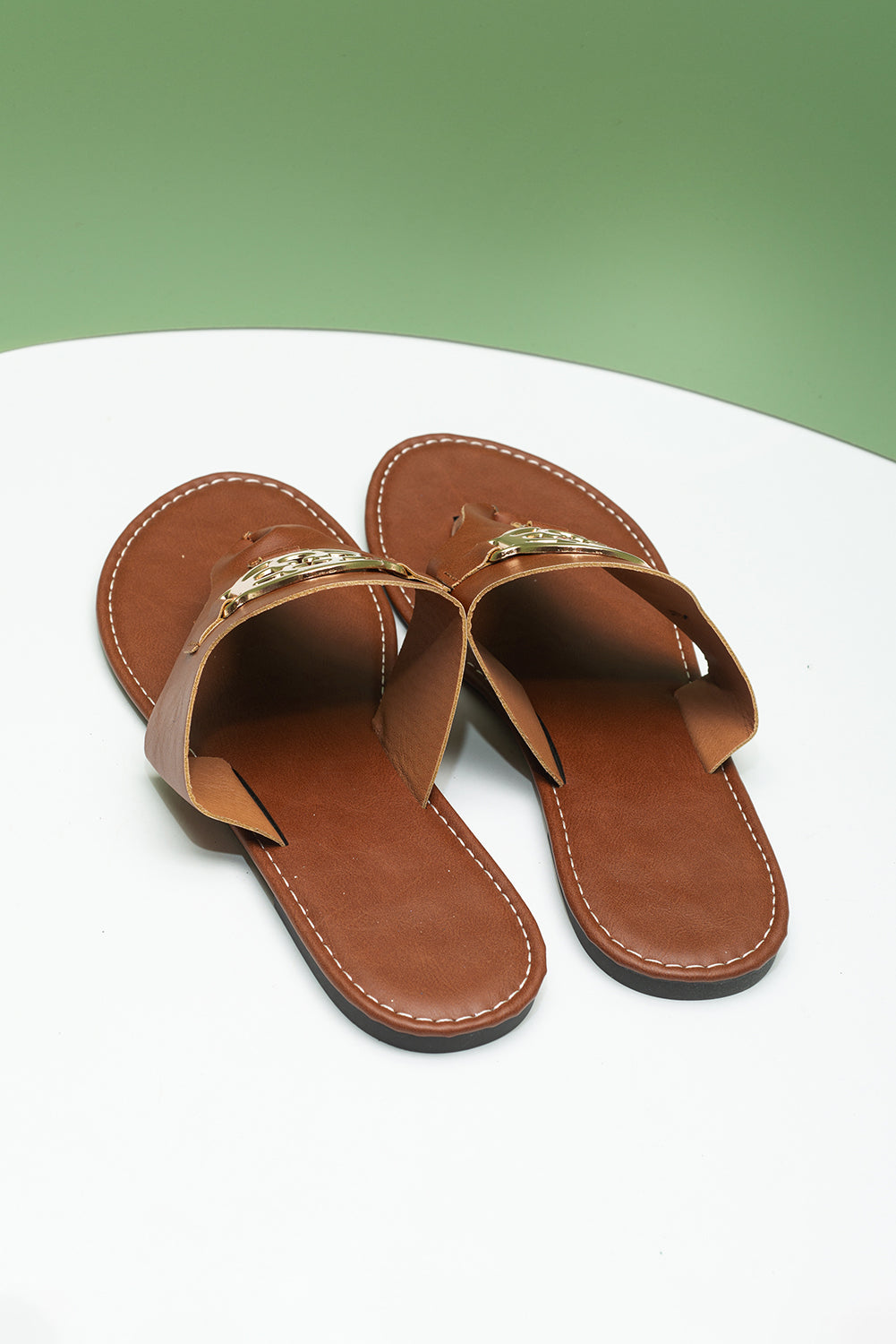 Chestnut Metal Décor Leather Thong Slippers