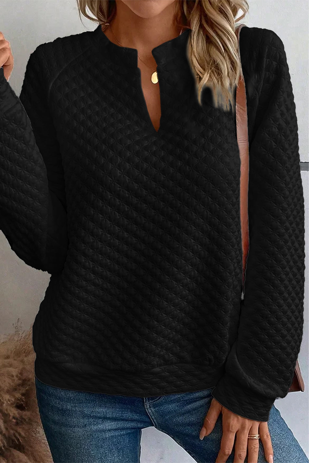 Black Split Neck Quilted Long Sleeve Top