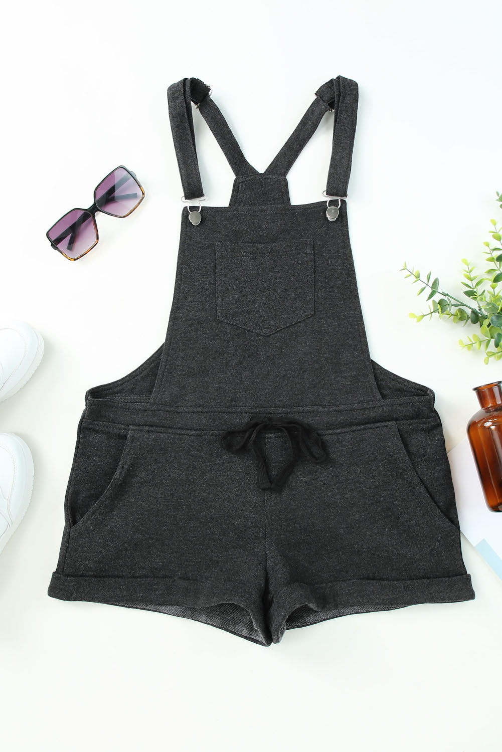 Gray Vintage Washed Drawstring Short Overalls