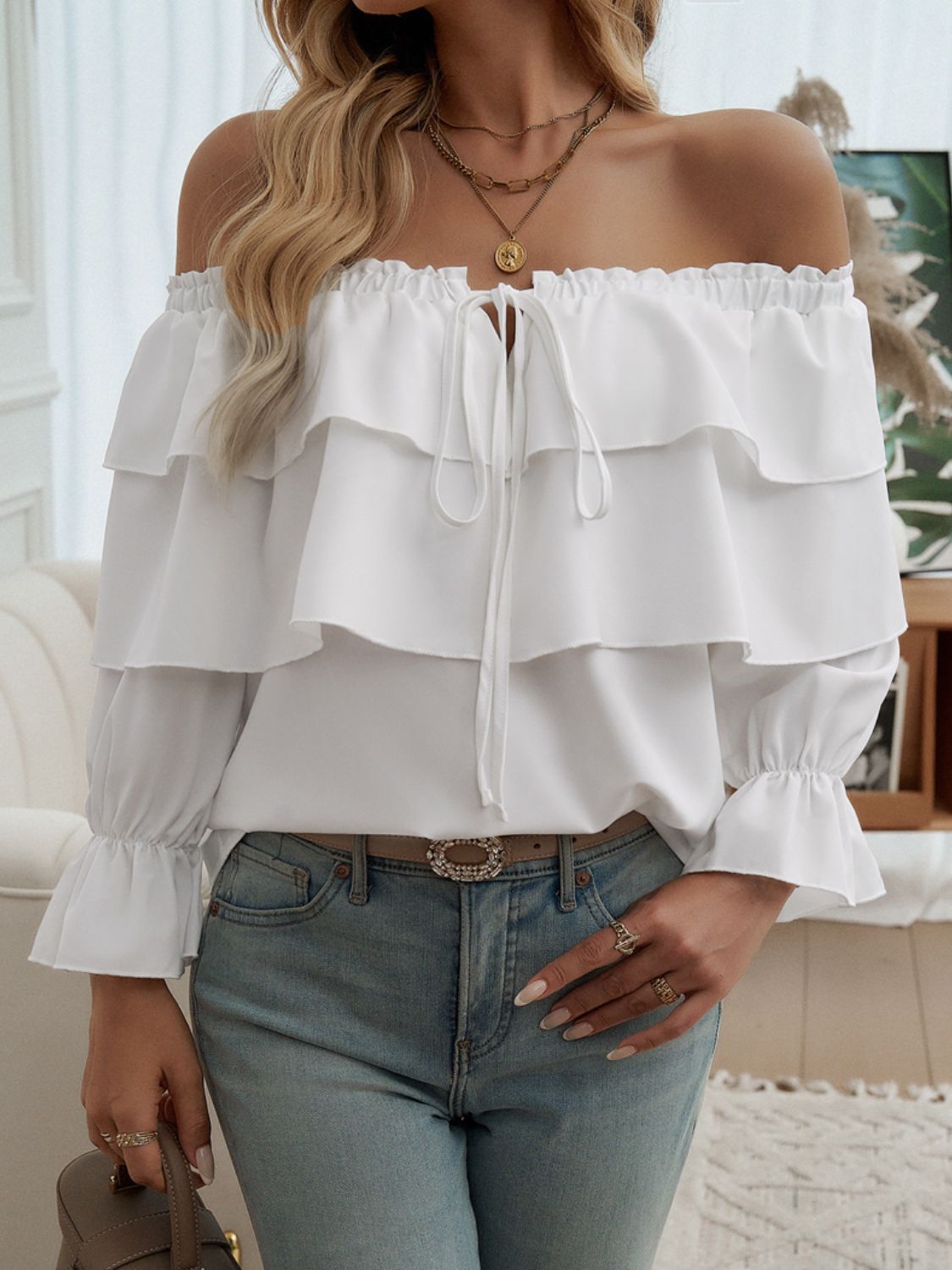 Off-Shoulder Flounce Sleeve Blouse