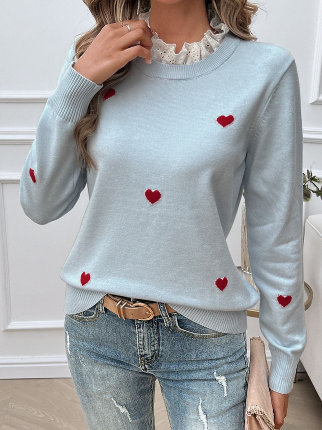 Lace Detail Heart Long Sleeve Sweater