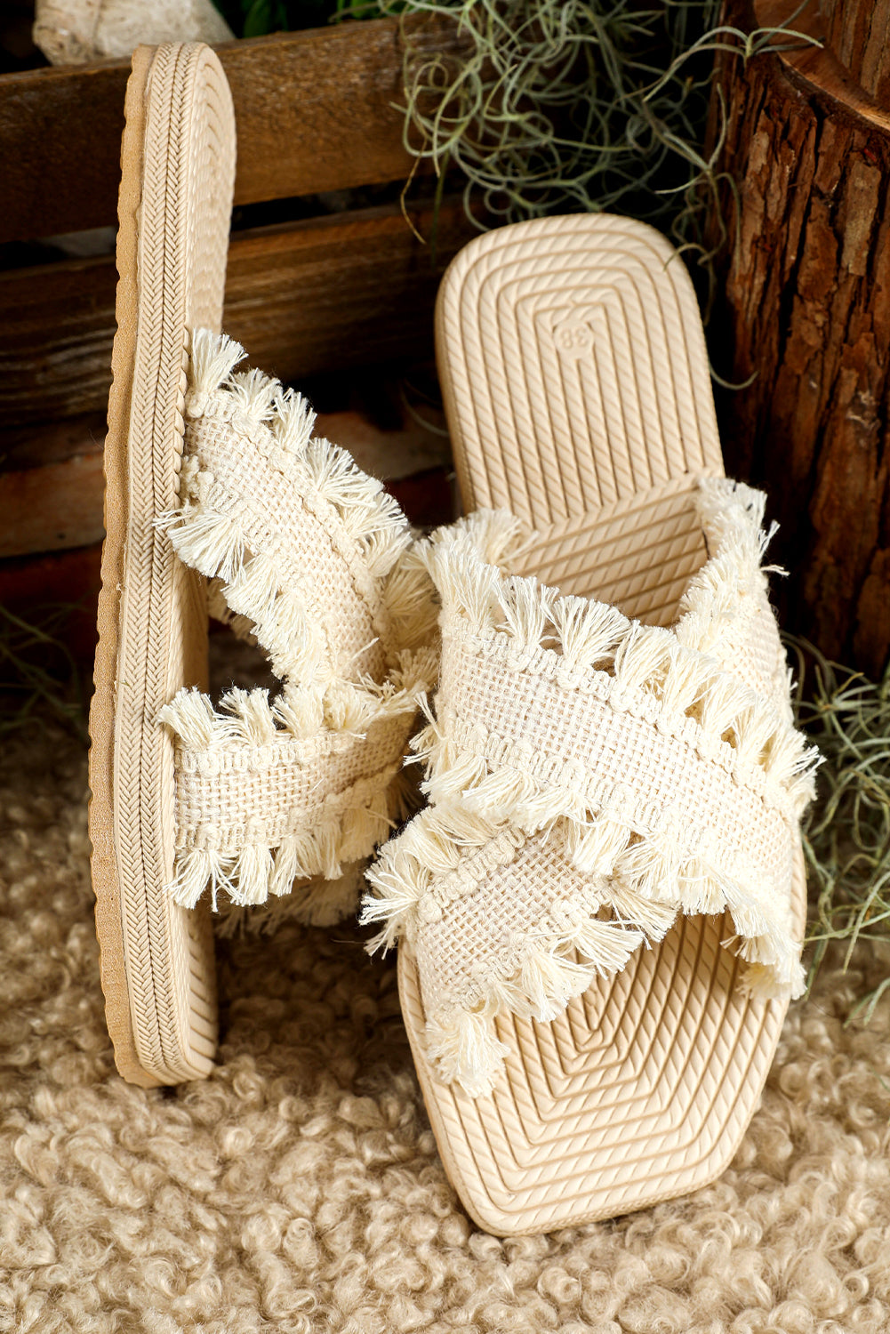 Beige Tassel Woven Crossed Straps Flat Slippers