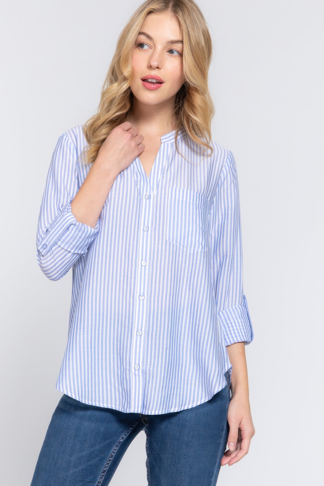 Long Slv Split Round Neck Stripe Woven Shirt