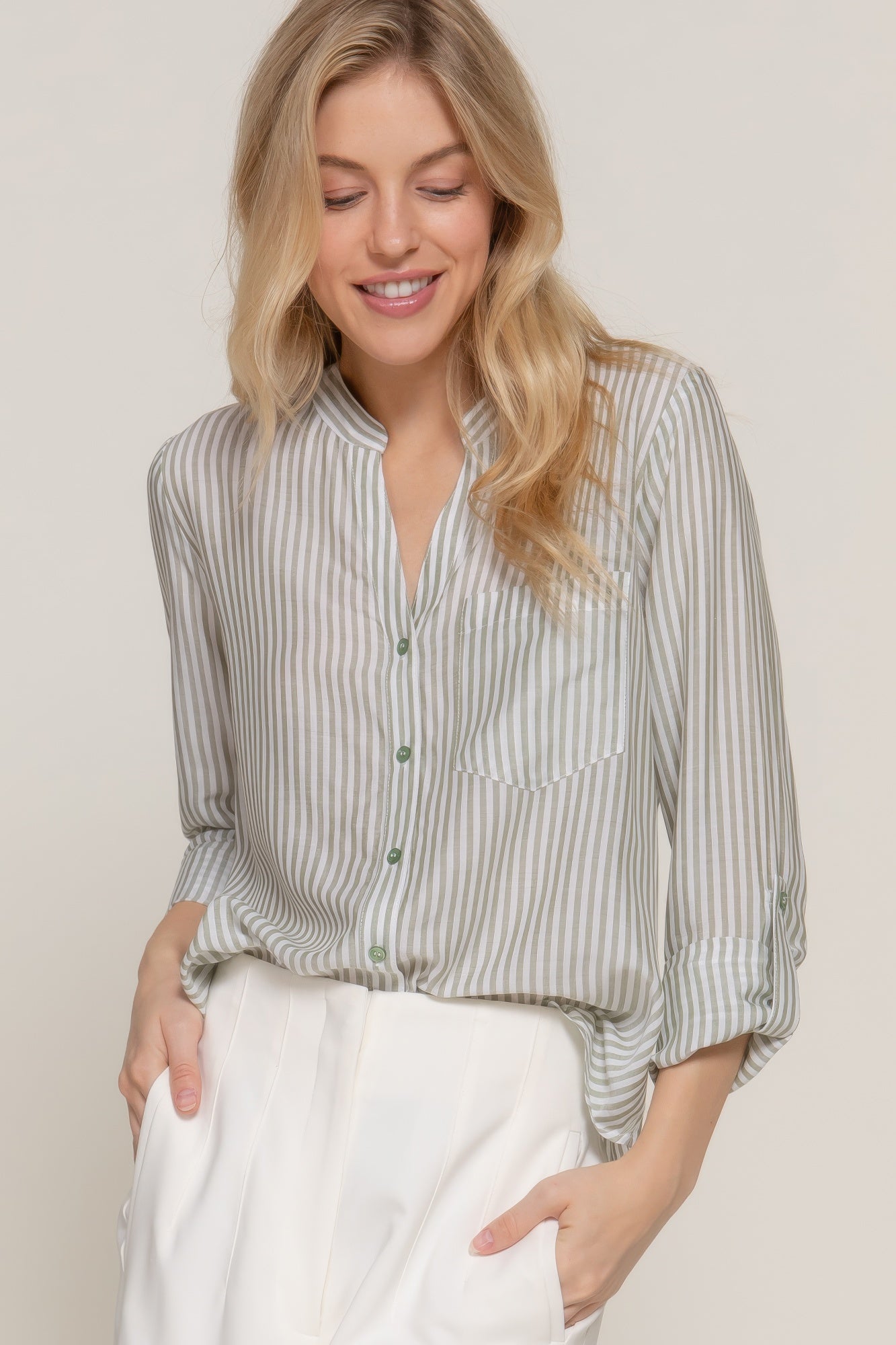 Long Slv Split Round Neck Stripe Woven Shirt