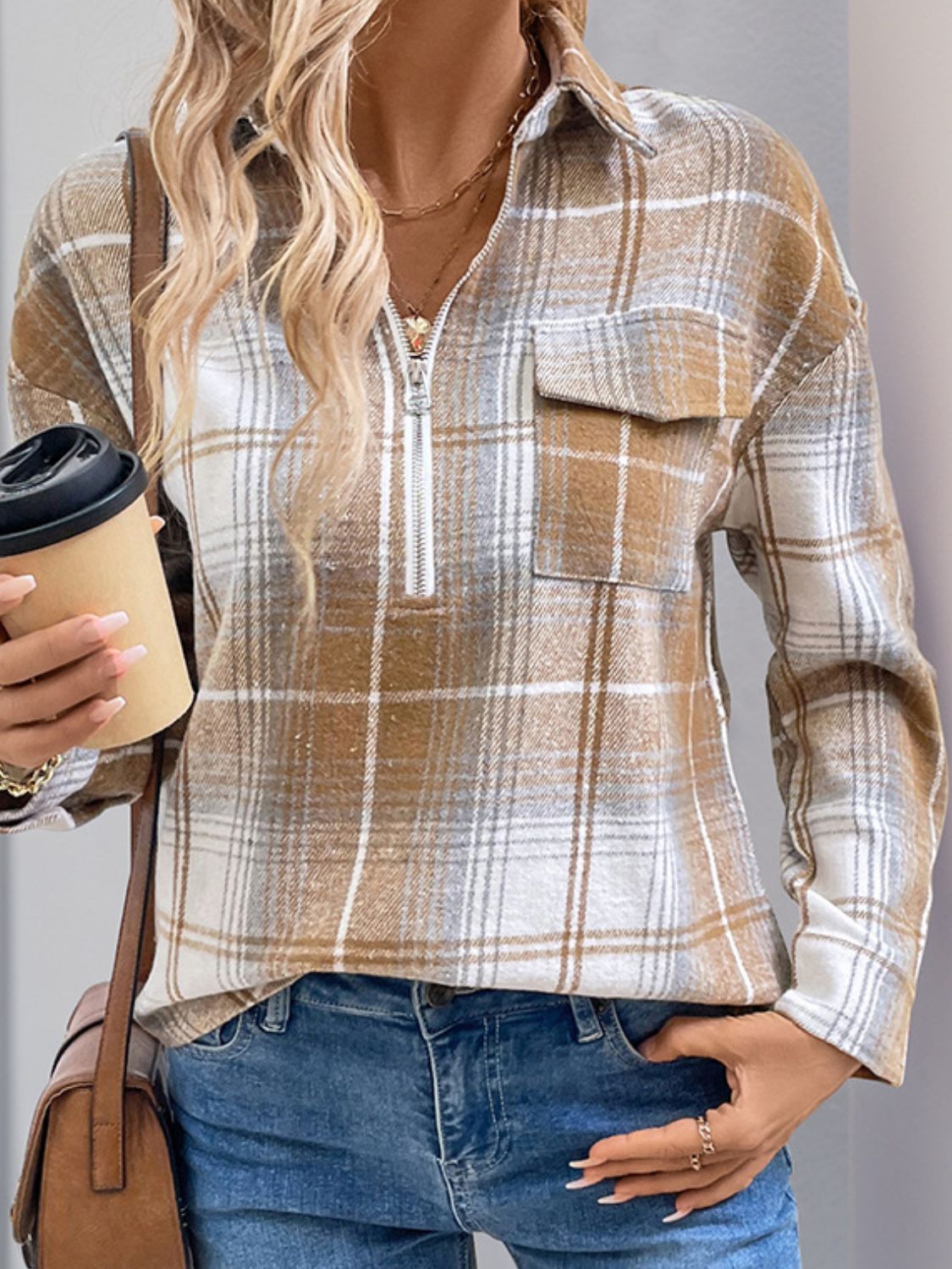 Perfee Plaid Collared Neck Half Zip Long Sleeve Top