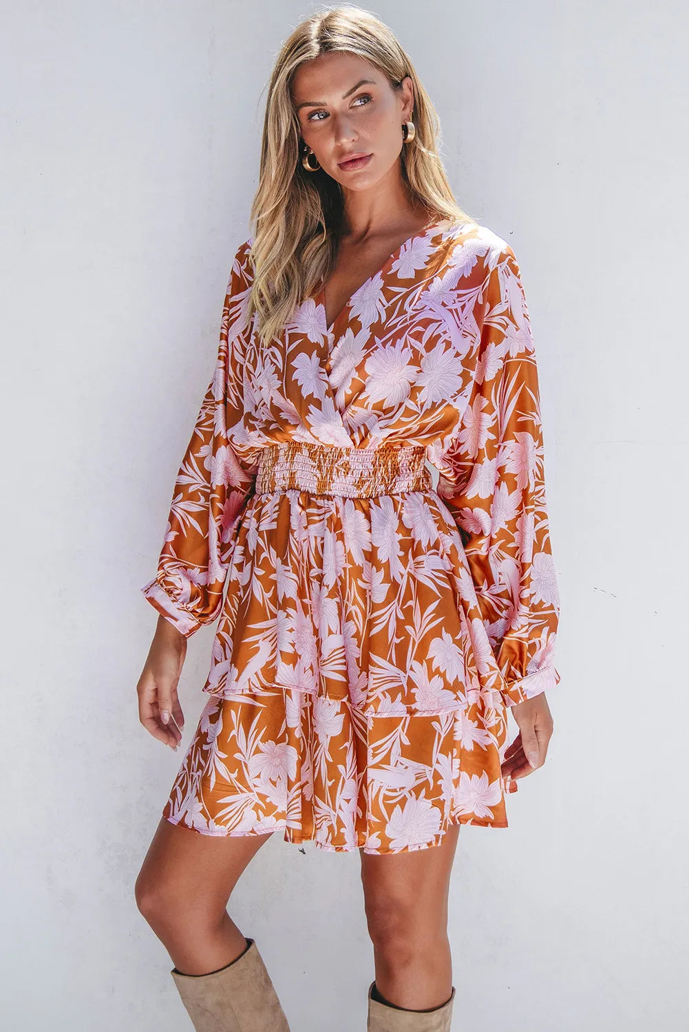 Smocked Printed Long Sleeve Mini Dress