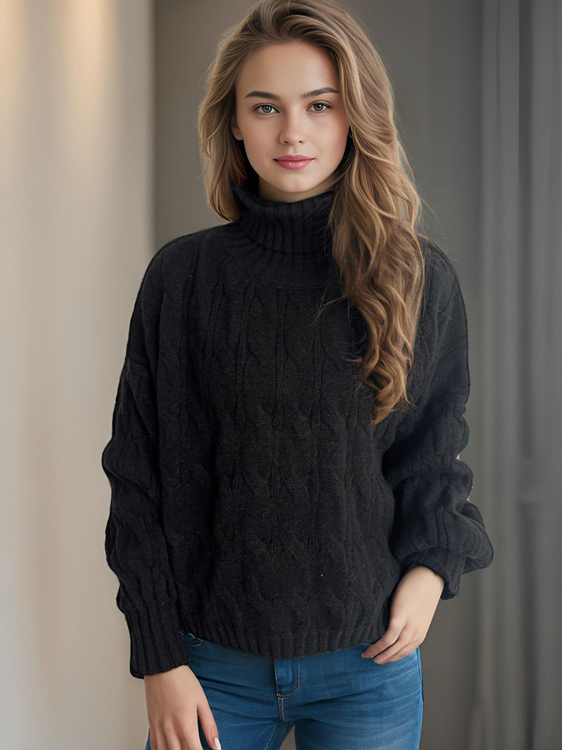 Cable-Knit Turtleneck Long Sleeve Sweater